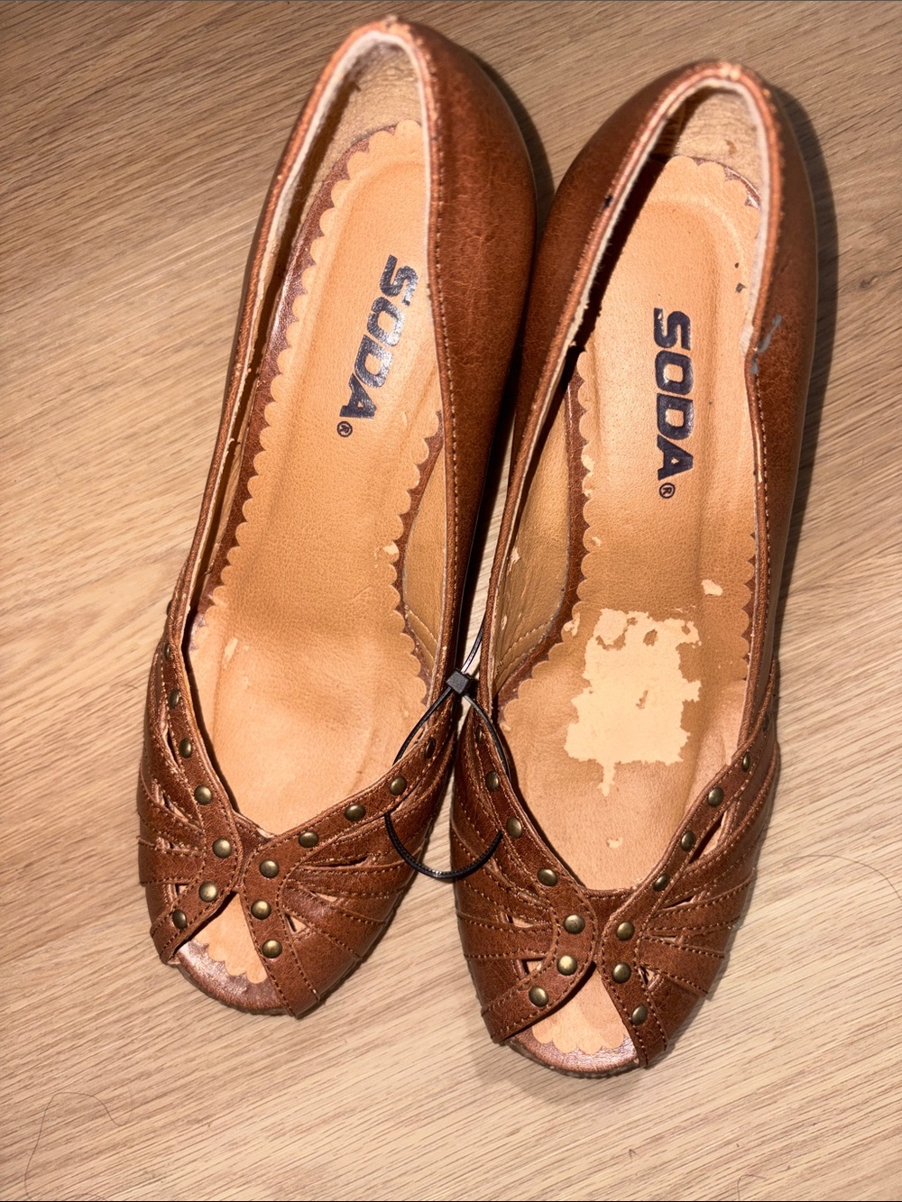 Soda Brown Peep-Toe Studded Flats